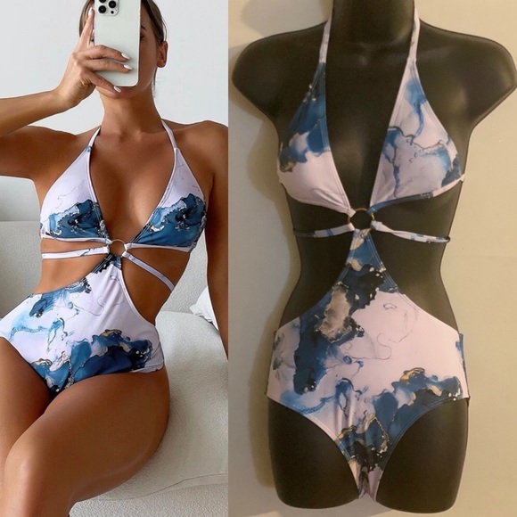 Marble Print Ring Linked Halter One piece swimsuit - Picture 1 of 7